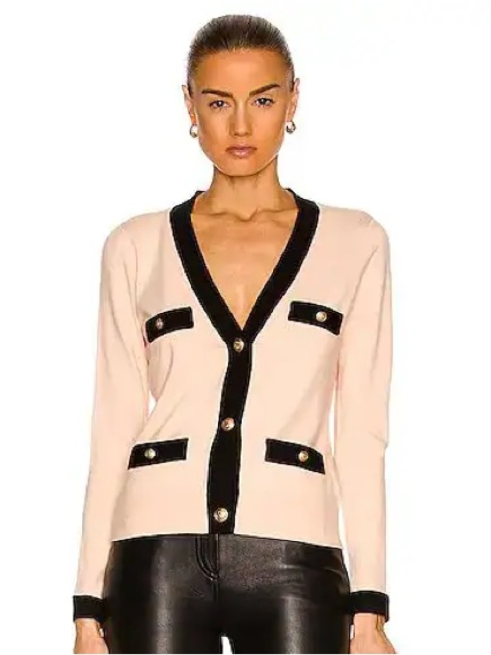 L'AGENCE Cyprus Contrast Trim Cardigan Sweater Size Medium Blush Quartz Black